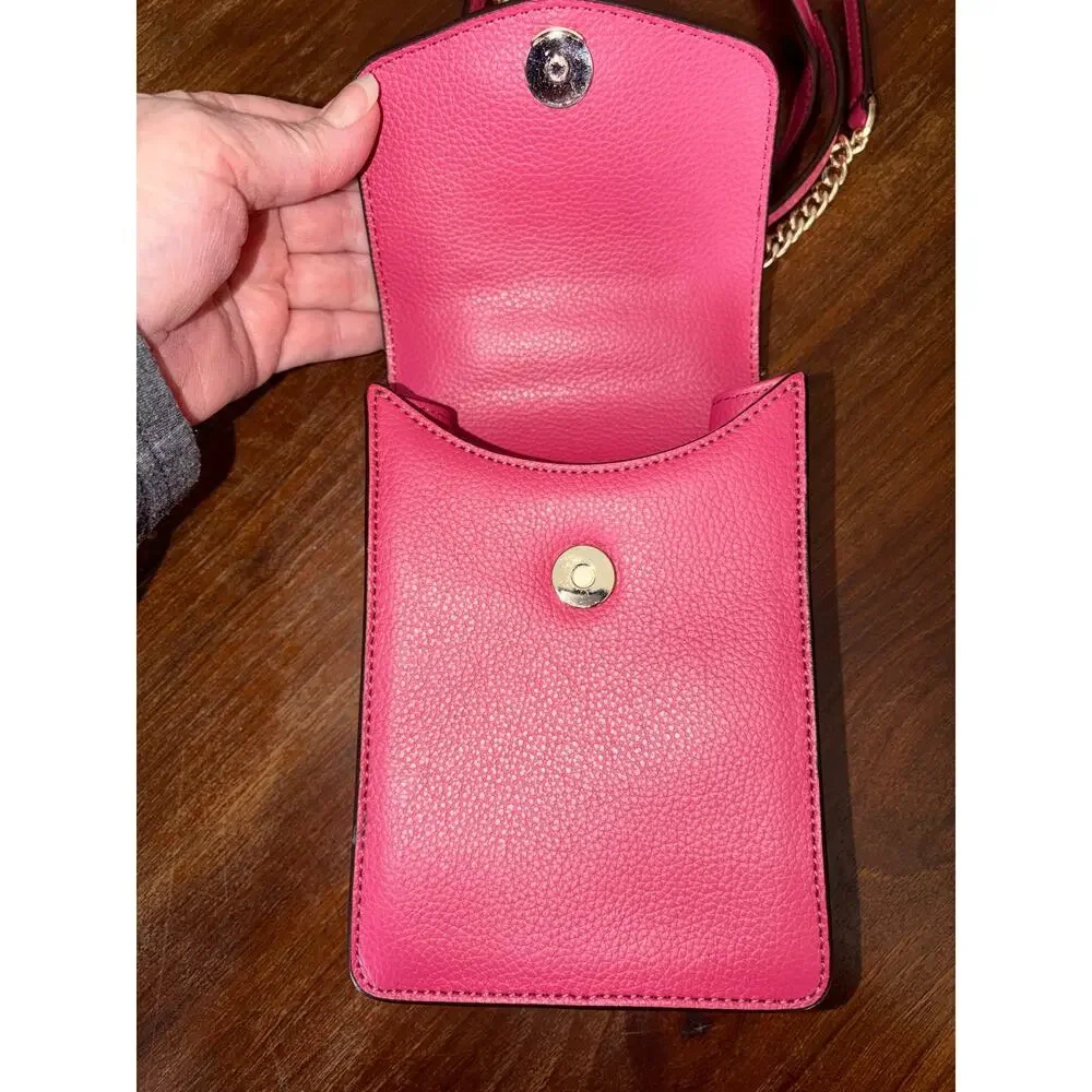 DKNY Pink Pebbled Leather Phone Crossbody Bag Gold Tone Lock Charm Chain Leather - Picture 6 of 11